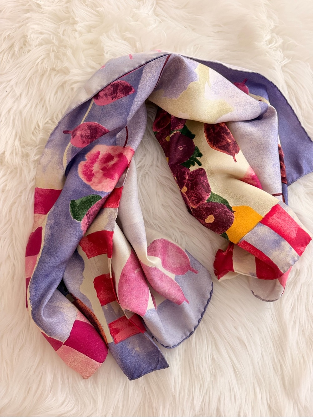 Coach Floral Silk Scarf in Lavender, Pink and Cream with Green Accents